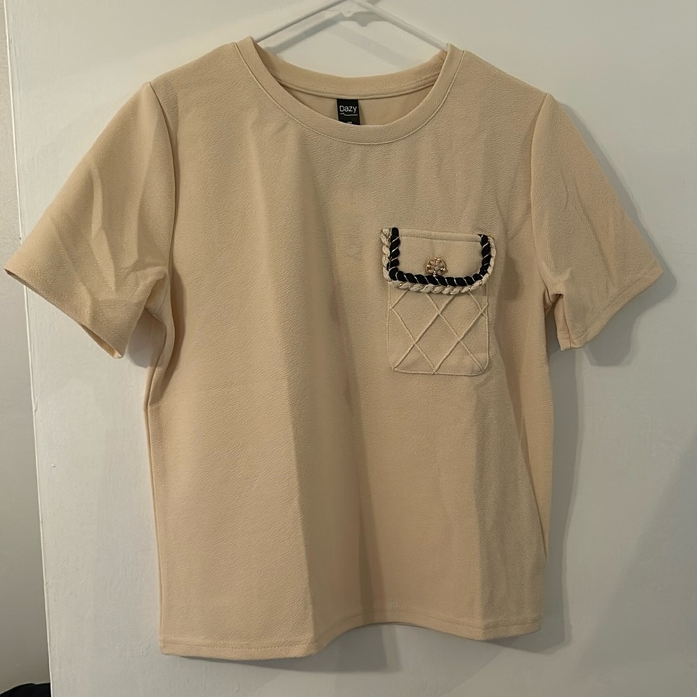 NEW Dazy Shein Pocket Patched Button Detail Short Sleeve Tee Top
